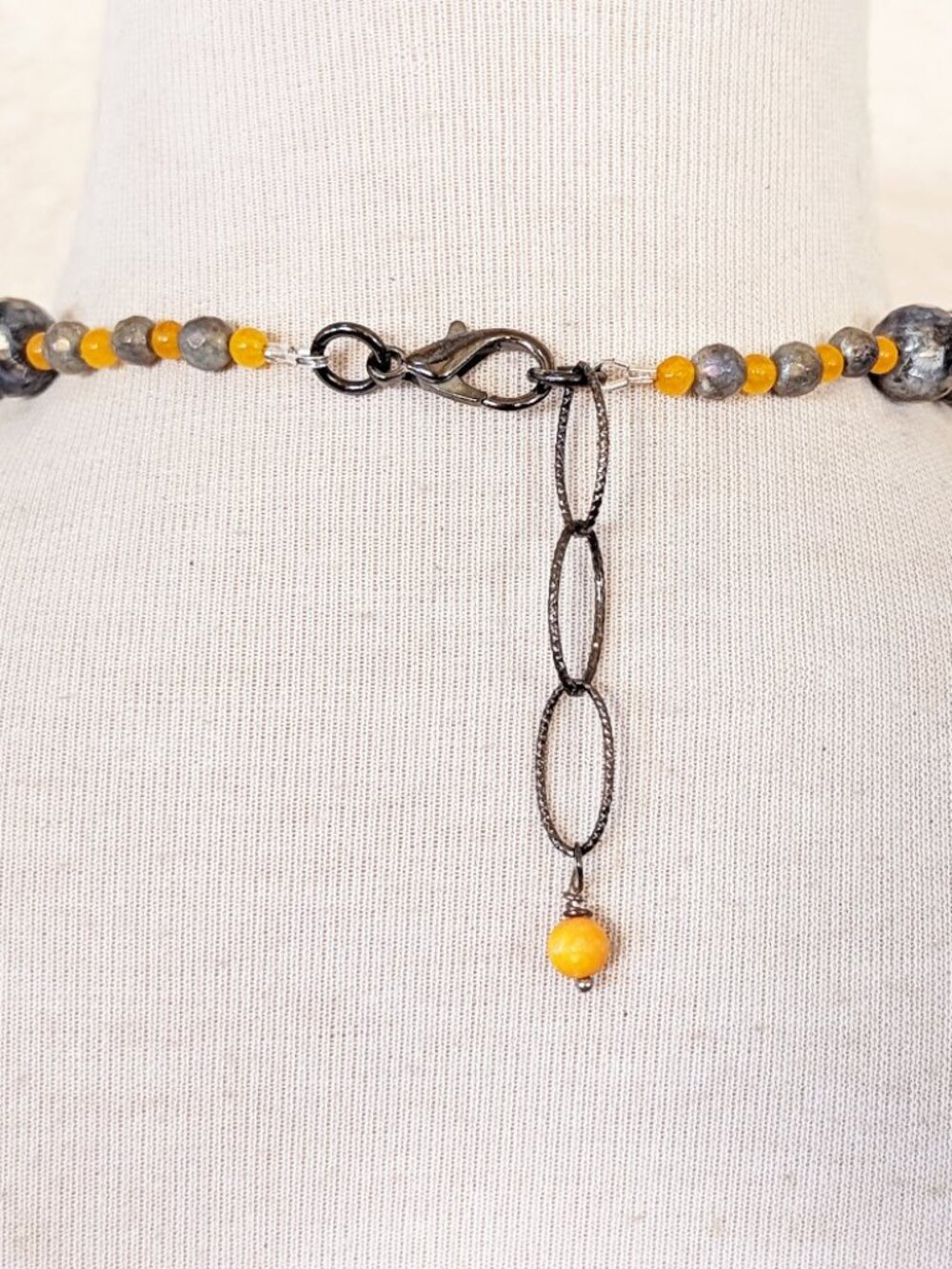 Boho Mustard Yellow & Steel Gray Mystique Larvikite & Bumblebee Jasper Necklace - Picture 3 of 3